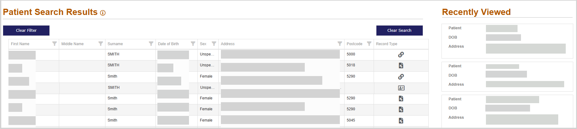 Patient search results after searching from the dashboard