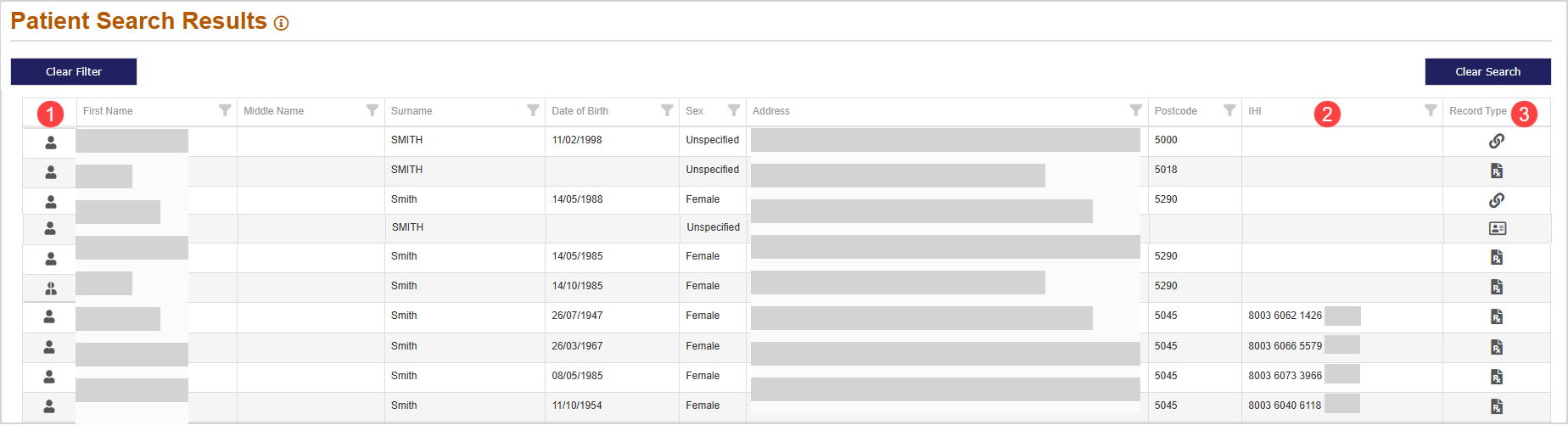 Patient search results after searching from the search menu
